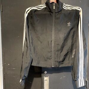 Adidas jacket sheer fabric with stripes on arms / zipper front, cropped size L